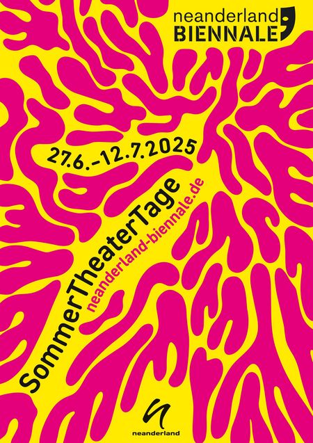 Plakat mit gelb-pinkem Muster und dem Schriftzug SommerTheaterTage neanderland BIENNALE